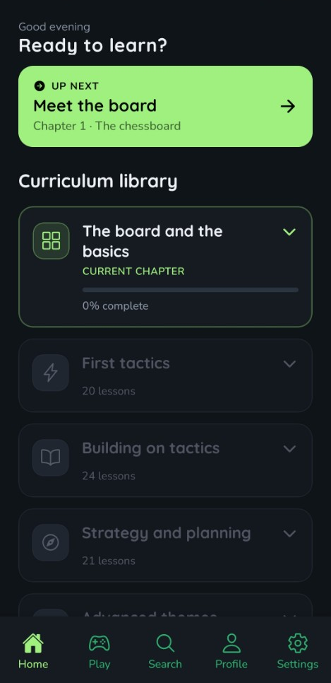 Learn Chess beginner app home screen with structured chess curriculum and next lesson