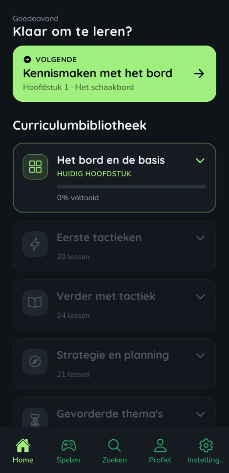 Learn Chess app voor beginners met gestructureerd schaakcurriculum en volgende les